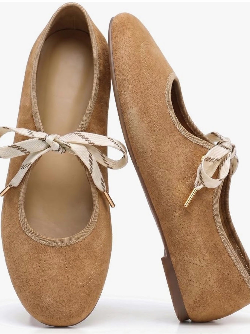 Neutral Tan Mary Jane Suede Ballet Flats with Ribbon Tie